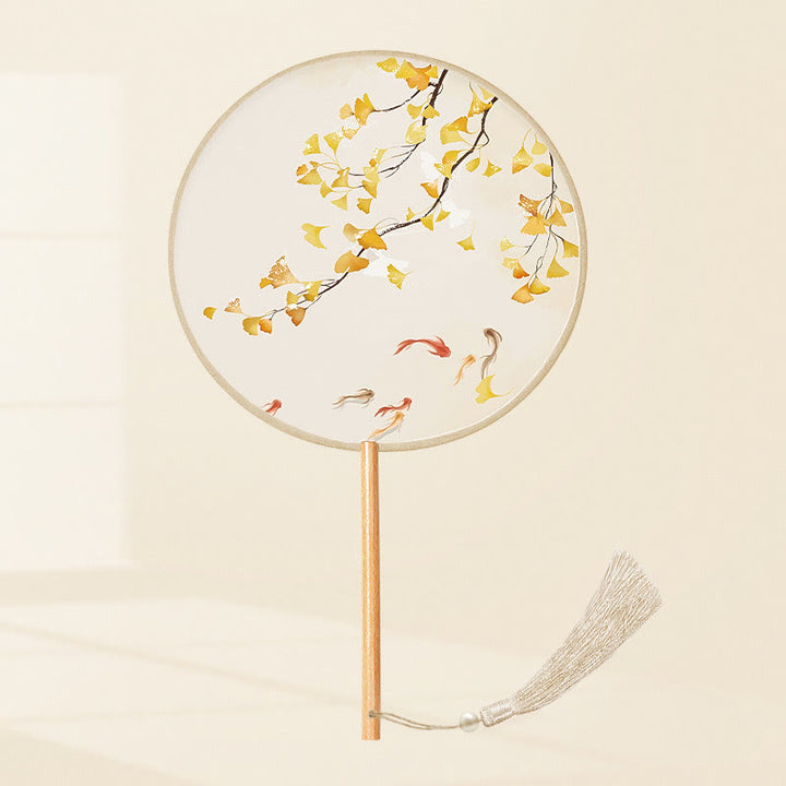 Buddha Stones Ginkgo Leaf Koi Fish Cherry Blossom Spring Flowers Ventilatore con manico in legno portatile