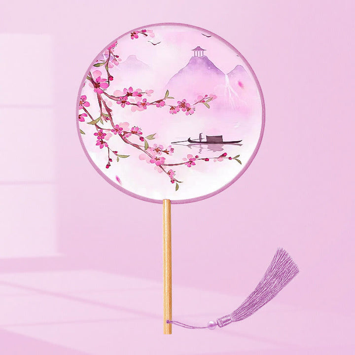 Buddha Stones Ginkgo Leaf Koi Fish Cherry Blossom Spring Flowers Ventilatore con manico in legno portatile