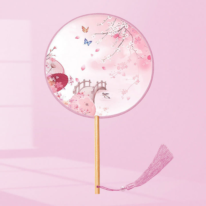 Buddha Stones Ginkgo Leaf Koi Fish Cherry Blossom Spring Flowers Ventilatore con manico in legno portatile