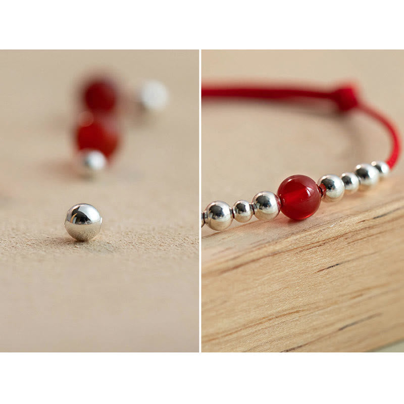 Braccialetto in corda intrecciata ultra sottile con carattere Fu in argento sterling 925 fatto a mano con Buddha Stones, agata rossa e ciondolo a forma di fortuna