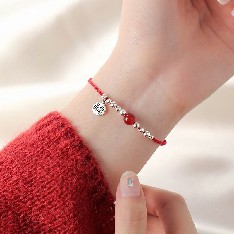 Braccialetto in corda intrecciata ultra sottile con carattere Fu in argento sterling 925 fatto a mano con Buddha Stones, agata rossa e ciondolo a forma di fortuna