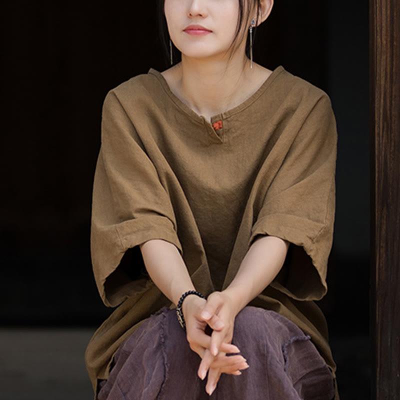 Buddha Stones Maglietta casual a mezza manica in lino e cotone ramiè - image 9