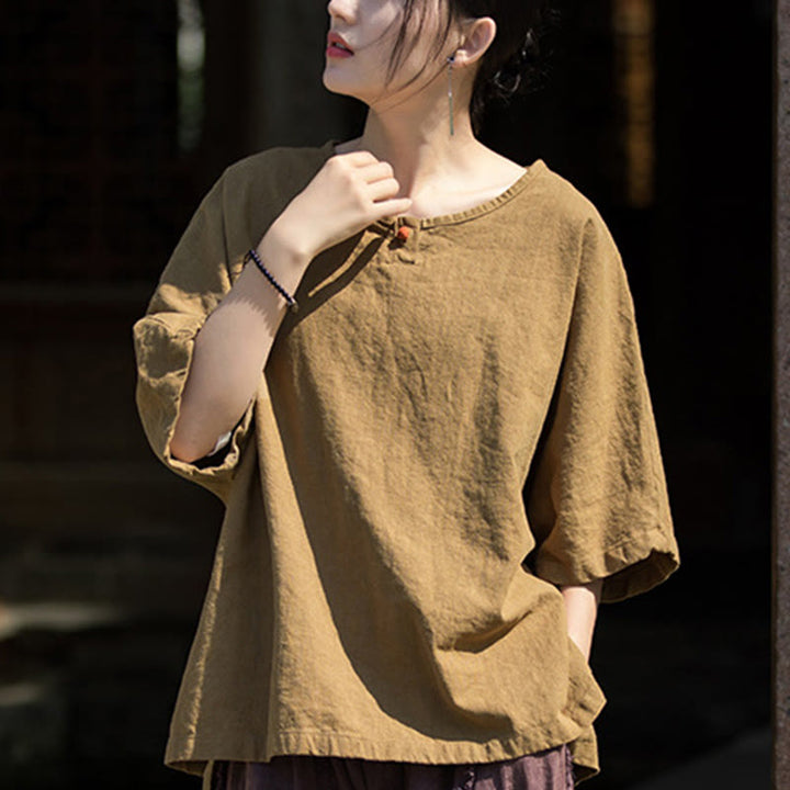 Buddha Stones Maglietta casual a mezza manica in lino e cotone ramiè - image 11