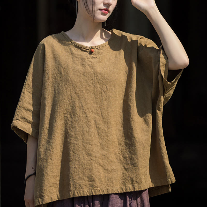 Buddha Stones Maglietta casual a mezza manica in lino e cotone ramiè - image 1