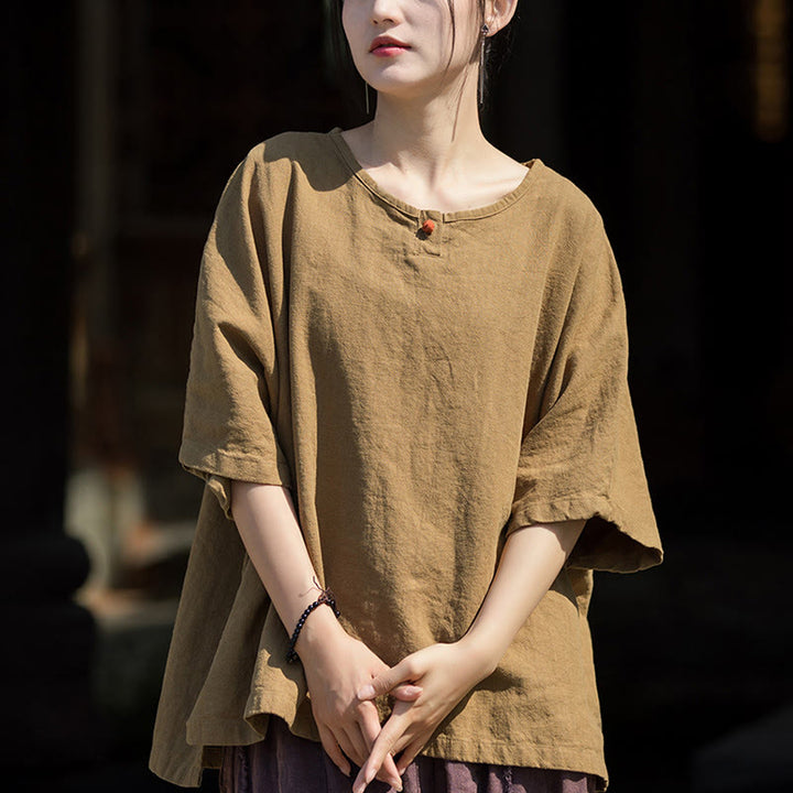 Buddha Stones Maglietta casual a mezza manica in lino e cotone ramiè - Cachi scuro - US4-8/10， UK/AU8-12/14，EU36-40/42 (F) - image 0