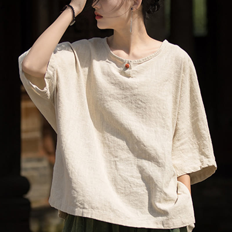 Buddha Stones Maglietta casual a mezza manica in lino e cotone ramiè - image 29