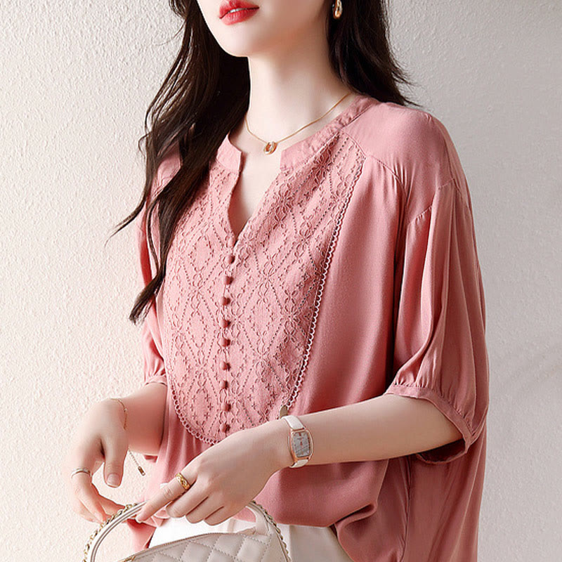 Maglietta a mezza manica con scollo a V e bottoni rosa con motivo Buddha Stones - image 3