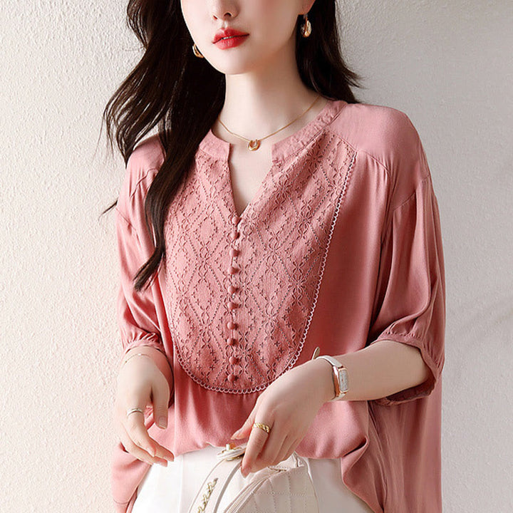 Maglietta a mezza manica con scollo a V e bottoni rosa con motivo Buddha Stones - image 1