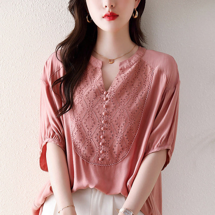 Maglietta a mezza manica con scollo a V e bottoni rosa con motivo Buddha Stones - image 11