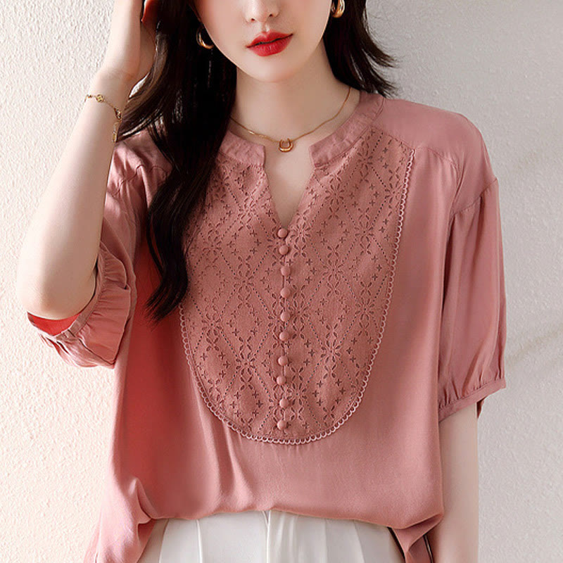 Maglietta a mezza manica con scollo a V e bottoni rosa con motivo Buddha Stones - image 13