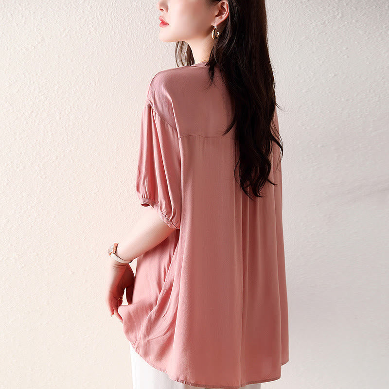 Maglietta a mezza manica con scollo a V e bottoni rosa con motivo Buddha Stones - image 2