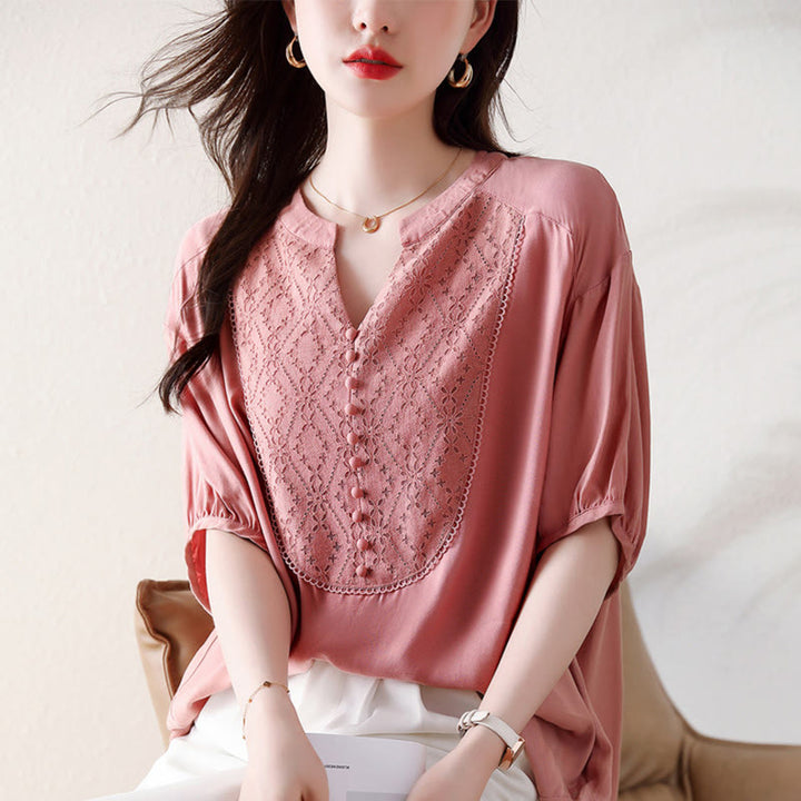 Maglietta a mezza manica con scollo a V e bottoni rosa con motivo Buddha Stones - image 9