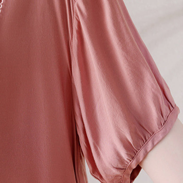 Maglietta a mezza manica con scollo a V e bottoni rosa con motivo Buddha Stones - image 7