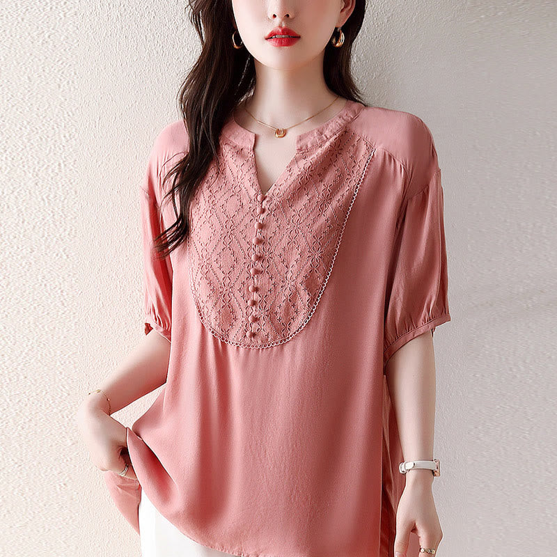 Maglietta a mezza manica con scollo a V e bottoni rosa con motivo Buddha Stones - 3XL(adatto per US12; UK/AU16; EU44) - image 1