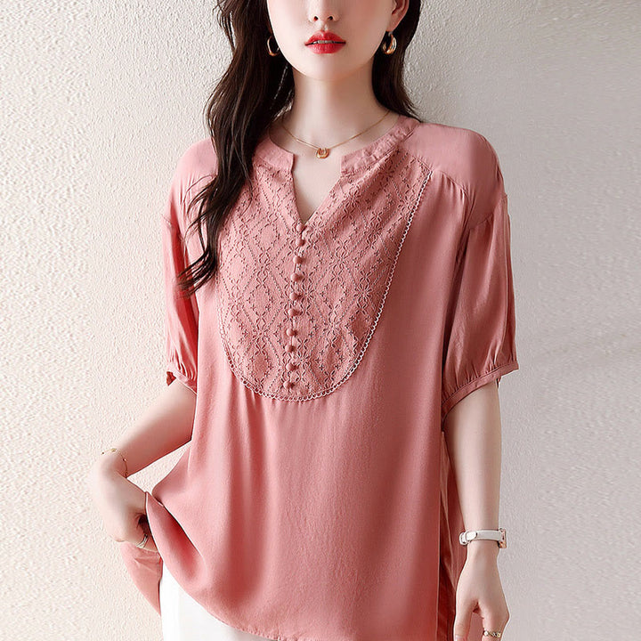 Maglietta a mezza manica con scollo a V e bottoni rosa con motivo Buddha Stones - 3XL(adatto per US12; UK/AU16; EU44) - image 1