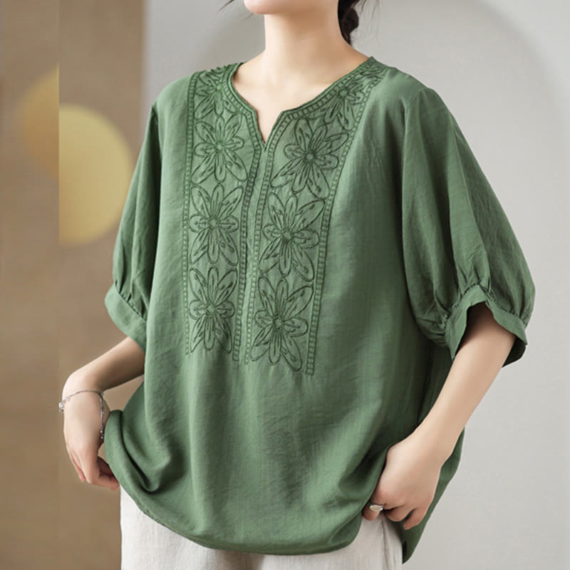 Maglietta a mezza manica in cotone e lino con ricamo a fiori Buddha Stones - DarkSeaGreen - F (adatto per US4; UK/AU8; EU36-38) - image 0
