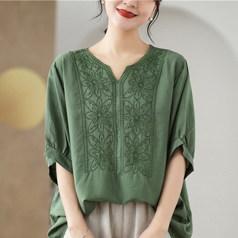 Maglietta a mezza manica in cotone e lino con ricamo a fiori Buddha Stones - image 1