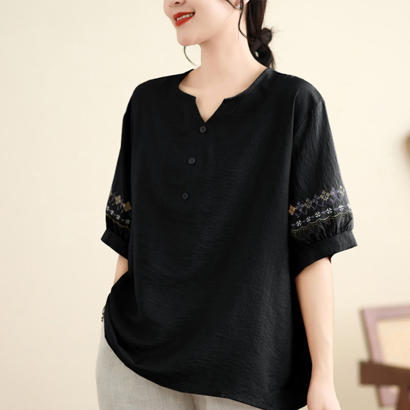 Maglietta in cotone e lino con ricamo vintage a mezza manica Buddha Stones - Nero - US4, UK/AU8, EU36-38 (F) - image 4