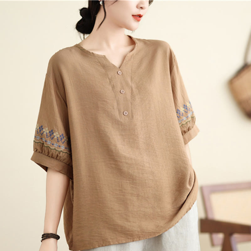 Maglietta in cotone e lino con ricamo vintage a mezza manica Buddha Stones - image 9
