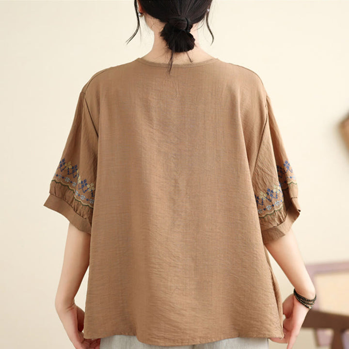 Maglietta in cotone e lino con ricamo vintage a mezza manica Buddha Stones - image 8