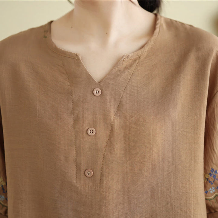 Maglietta in cotone e lino con ricamo vintage a mezza manica Buddha Stones - image 12