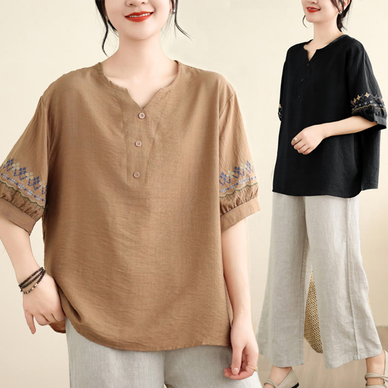 Maglietta in cotone e lino con ricamo vintage a mezza manica Buddha Stones - image 17
