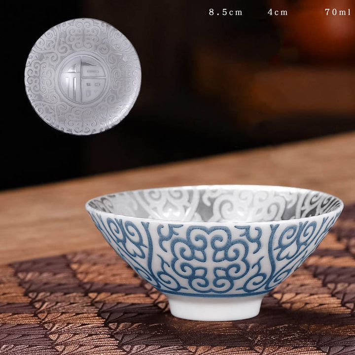 Buddha Stones Tibet Modello Fu Carattere Tazza da tè in ceramica argento dorato Tazze da tè Kung Fu 55 ml