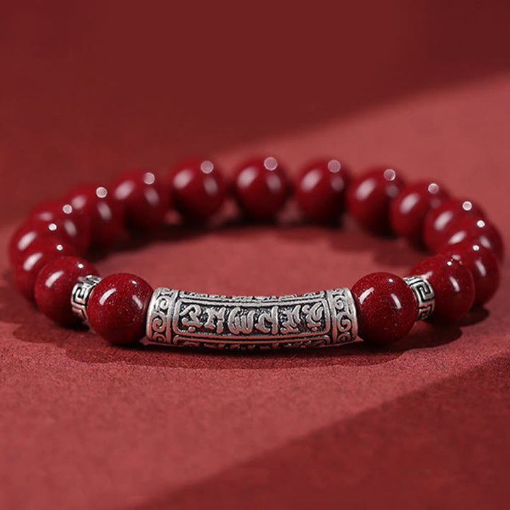 Braccialetto di benedizione con sei parole vere in argento sterling 999, Buddha Stones , cinabro
