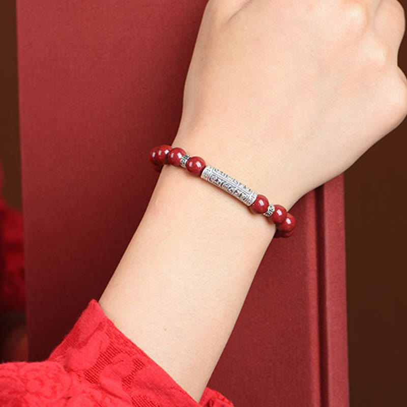 Braccialetto di benedizione con sei parole vere in argento sterling 999, Buddha Stones , cinabro