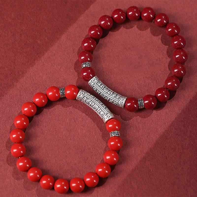 Braccialetto di benedizione con sei parole vere in argento sterling 999, Buddha Stones , cinabro