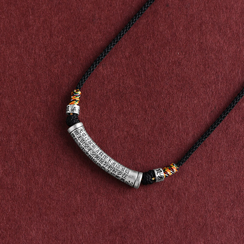 Collana con ciondolo in argento sterling 999 con sei vere parole del sutra del cuore e cordino Buddha Stones - Nero (Sei Vere Parole e Sutra del Cuore) - image 0