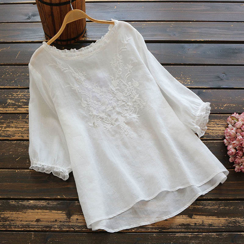 Maglietta girocollo con ricamo floreale da donna Buddha Stones - Bianco - US14, UK/AU18, EU46 (4XL) - image 2