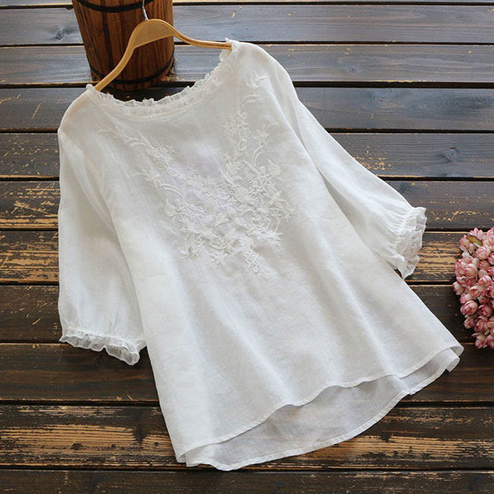 Maglietta girocollo con ricamo floreale da donna Buddha Stones - Bianco - US14, UK/AU18, EU46 (4XL) - image 2