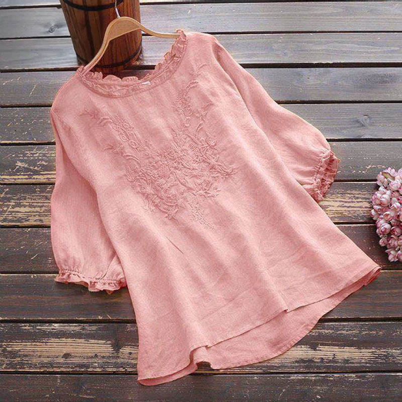 Maglietta girocollo con ricamo floreale da donna Buddha Stones - Rosa chiaro - US14, UK/AU18, EU46 (4XL) - image 14