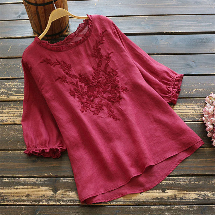 Maglietta girocollo con ricamo floreale da donna Buddha Stones - Corallo chiaro - US14, UK/AU18, EU46 (4XL) - image 6