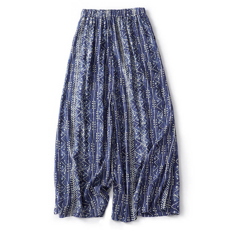 Pantaloni larghi in cotone e lino con stampa a righe blu Buddha Stones e tasche - image 12