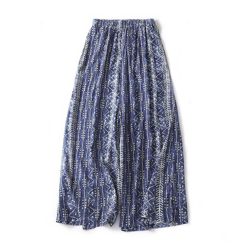 Pantaloni larghi in cotone e lino con stampa a righe blu Buddha Stones e tasche - image 2