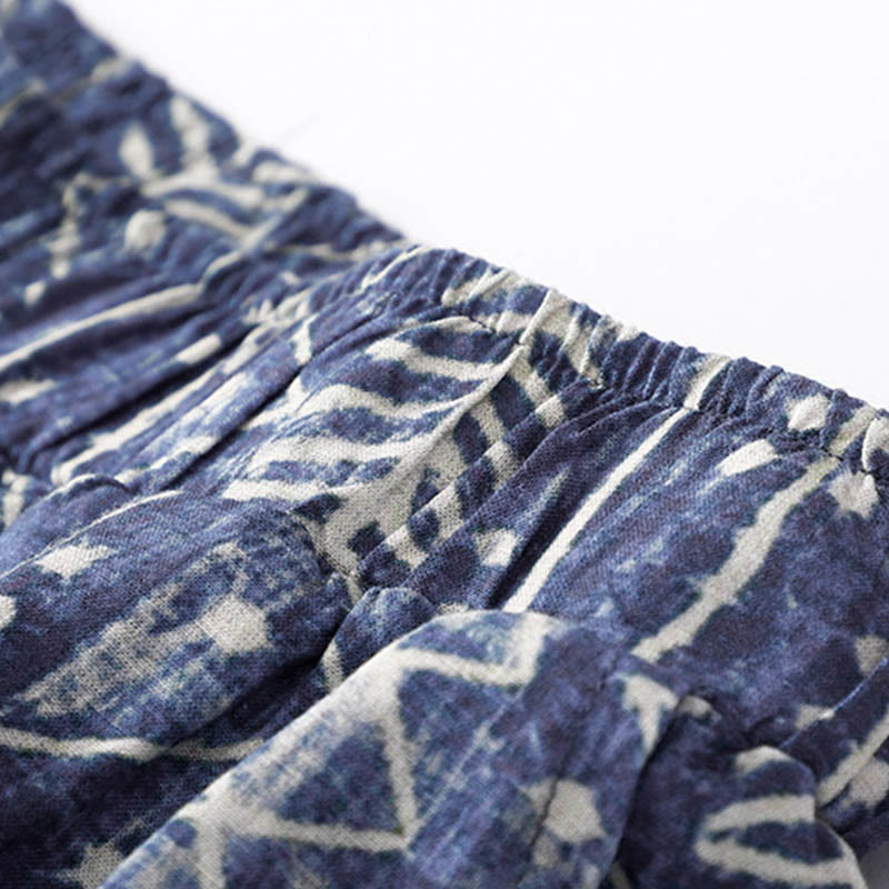 Pantaloni larghi in cotone e lino con stampa a righe blu Buddha Stones e tasche - image 4