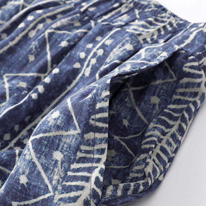 Pantaloni larghi in cotone e lino con stampa a righe blu Buddha Stones e tasche - image 5