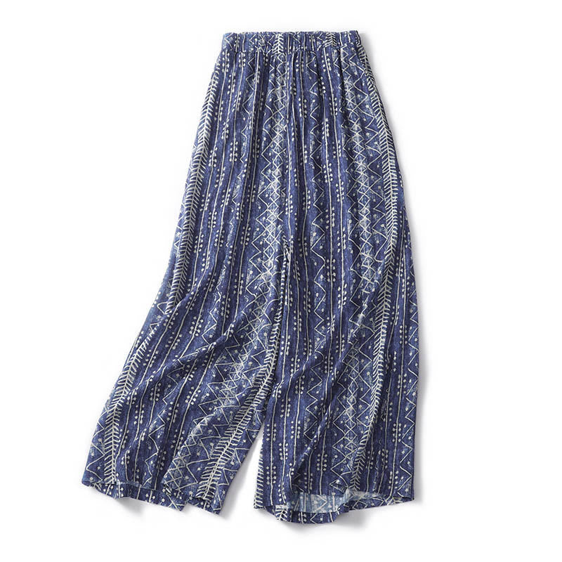 Pantaloni larghi in cotone e lino con stampa a righe blu Buddha Stones e tasche - image 3