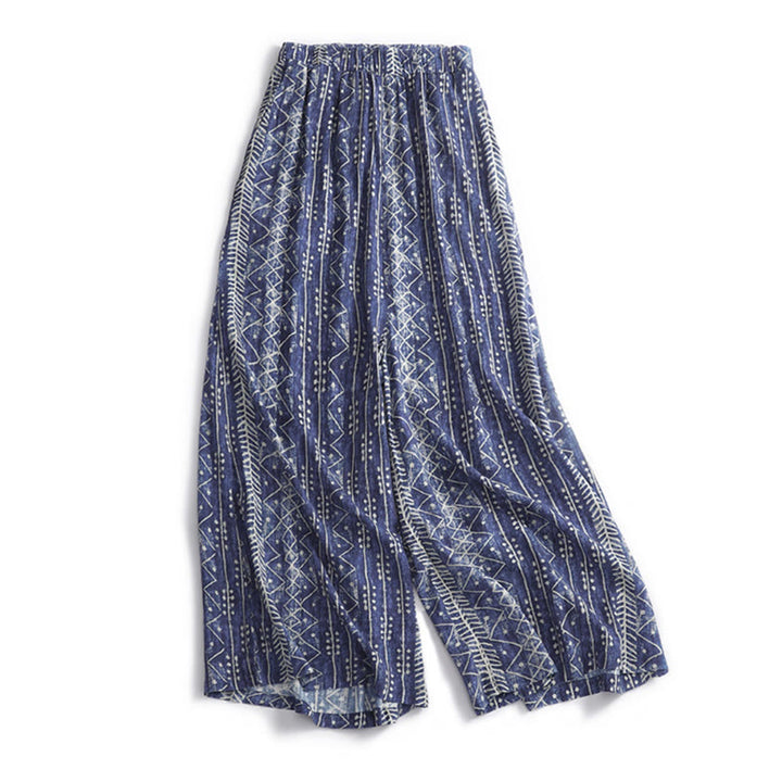 Pantaloni larghi in cotone e lino con stampa a righe blu Buddha Stones e tasche - US8-10, UK/AU12-14, EU40-42 (2XL) - image 0