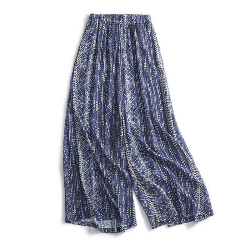 Pantaloni larghi in cotone e lino con stampa a righe blu Buddha Stones e tasche - US8-10, UK/AU12-14, EU40-42 (2XL) - image 1