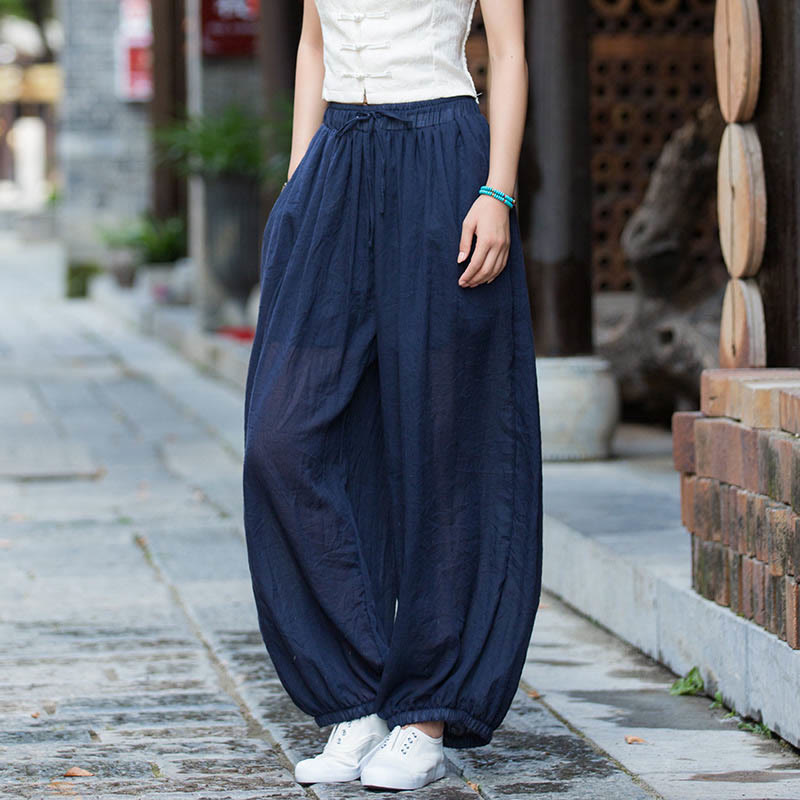 Pantaloni estivi in ​​lino tinta unita con coulisse e tasche Buddha Stones - SteelBlue - US4， UK/AU8，EU36-38 (F) - image 0