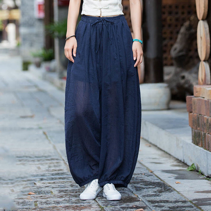 Pantaloni estivi in ​​lino tinta unita con coulisse e tasche Buddha Stones - image 10