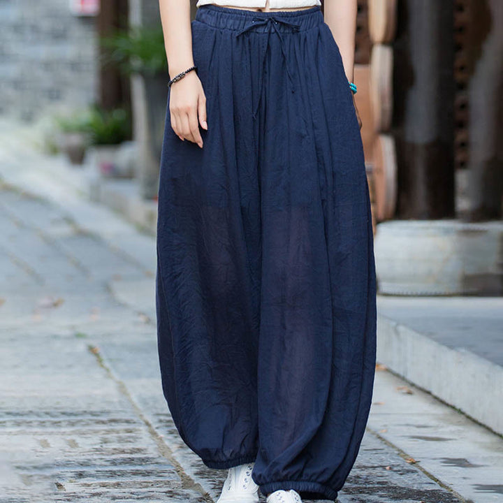 Pantaloni estivi in ​​lino tinta unita con coulisse e tasche Buddha Stones - image 9