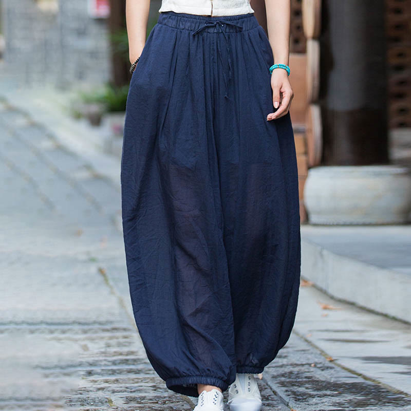 Pantaloni estivi in ​​lino tinta unita con coulisse e tasche Buddha Stones - image 7