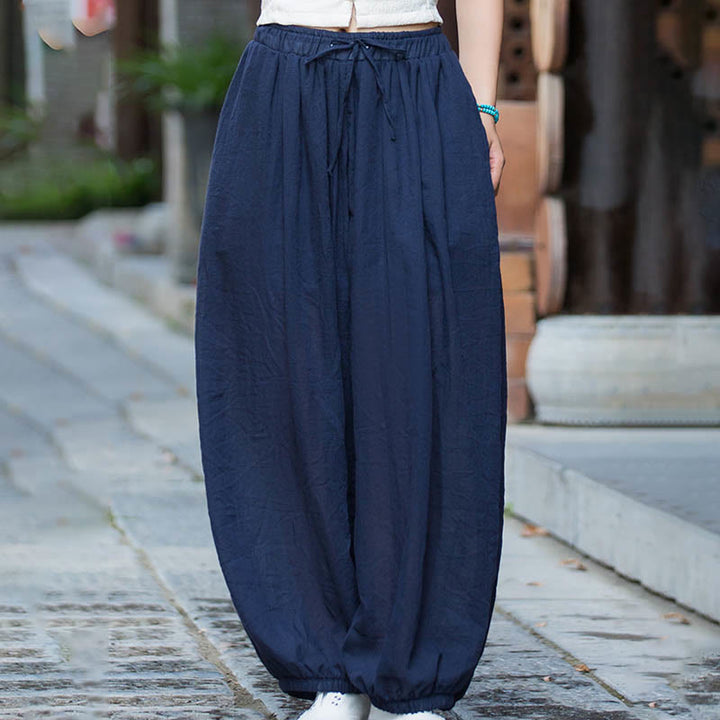 Pantaloni estivi in ​​lino tinta unita con coulisse e tasche Buddha Stones - image 6