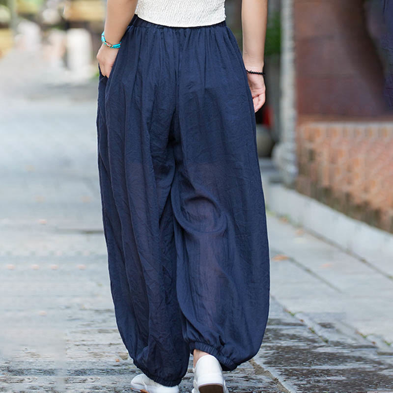 Pantaloni estivi in ​​lino tinta unita con coulisse e tasche Buddha Stones - image 3