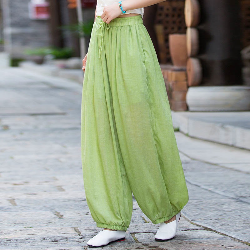 Pantaloni estivi in ​​lino tinta unita con coulisse e tasche Buddha Stones - Verde pallido - US4， UK/AU8，EU36-38 (F) - image 19