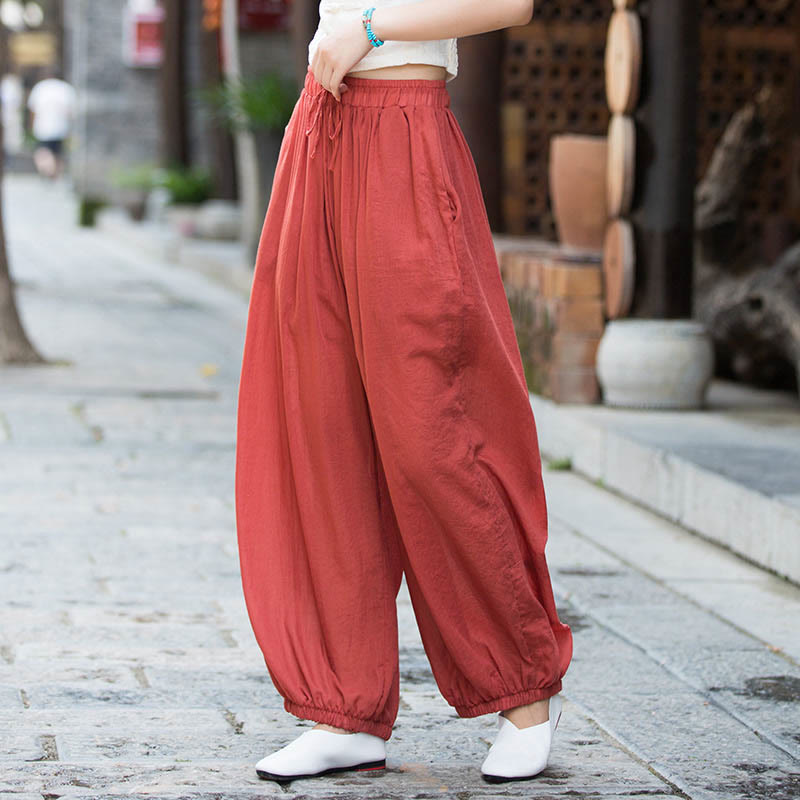 Pantaloni estivi in ​​lino tinta unita con coulisse e tasche Buddha Stones - Salmone - US4， UK/AU8，EU36-38 (F) - image 27